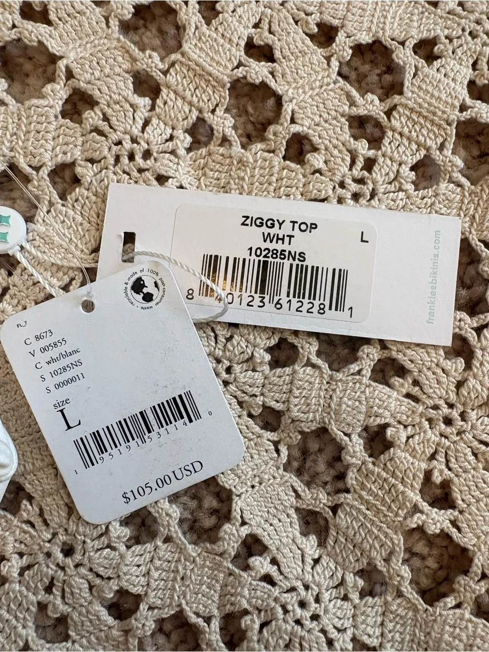 Frankie’s Bikinis Ziggy Swim Top White Size Large NWT
